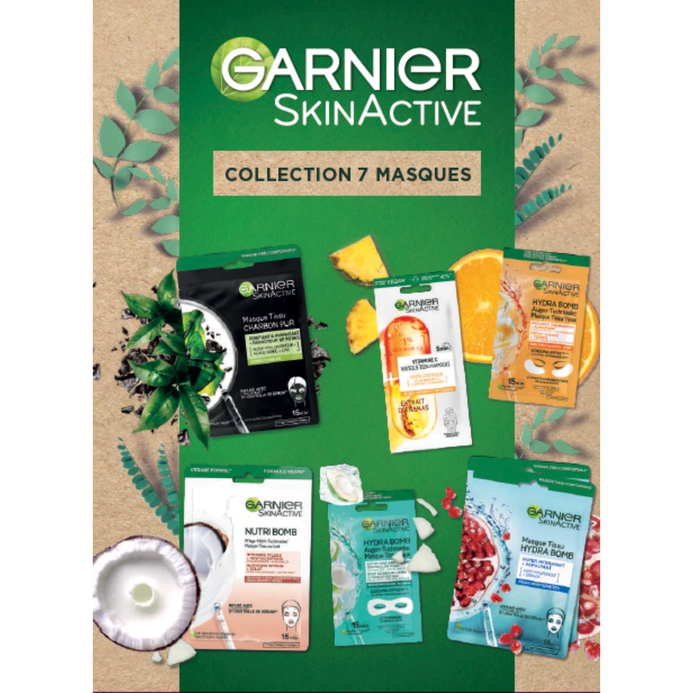 garnier | Coffret 7 masques tissus de Garnier soin visage et yeux, - éclat, hydratation, nutrition, repulpant, purifiant