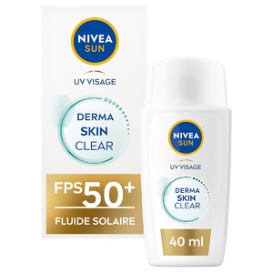 Derma skin Clear - Fluide UV solaire visage FPS 50 Crème Haute Protection solaire peau à imperfection