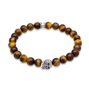 KUZZOI Bracelet Hommes symbole tête de mort avec perles d'oeil de tigre en argent Bracelet