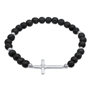 KUZZOI Bracelet Hommes Croix Pendentif Religion avec des Perles de Lave noir en A Bracelet