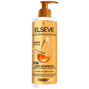 Elseve Huile Extraordinaire Low shampoo 3-en-1 enrichi en 6 huiles de fleurs rares cheveux secs fragilisés.