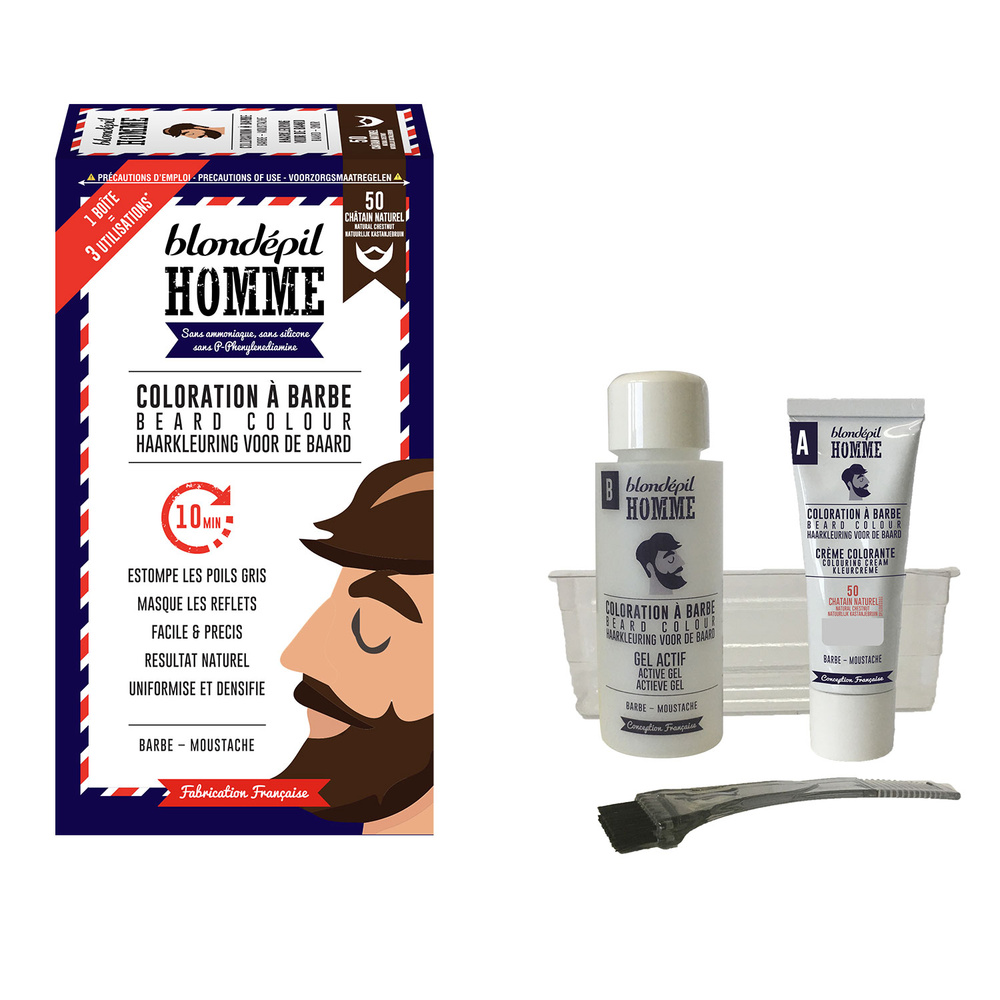 blondepil Colorations à barbe HOMME COLORATION A BARBE CHATAIN NATUREL- Barbe&Moustache - Kit 3 util