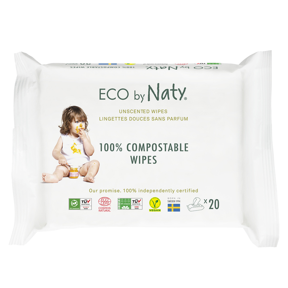 naty Lingettes Bébé Paquet de 20 Lingettes Bébé compostablesPack voyage